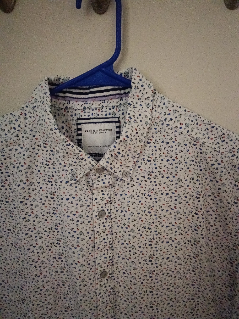 Denim & Flower White Micro Floral Button-Down Shirt with Blue & Red Accents